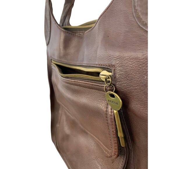Womens VTG Fossil Brown Pebbled Leather Shoulder Bag Roomy Size Charm Detail GUC - Picture 5 of 16